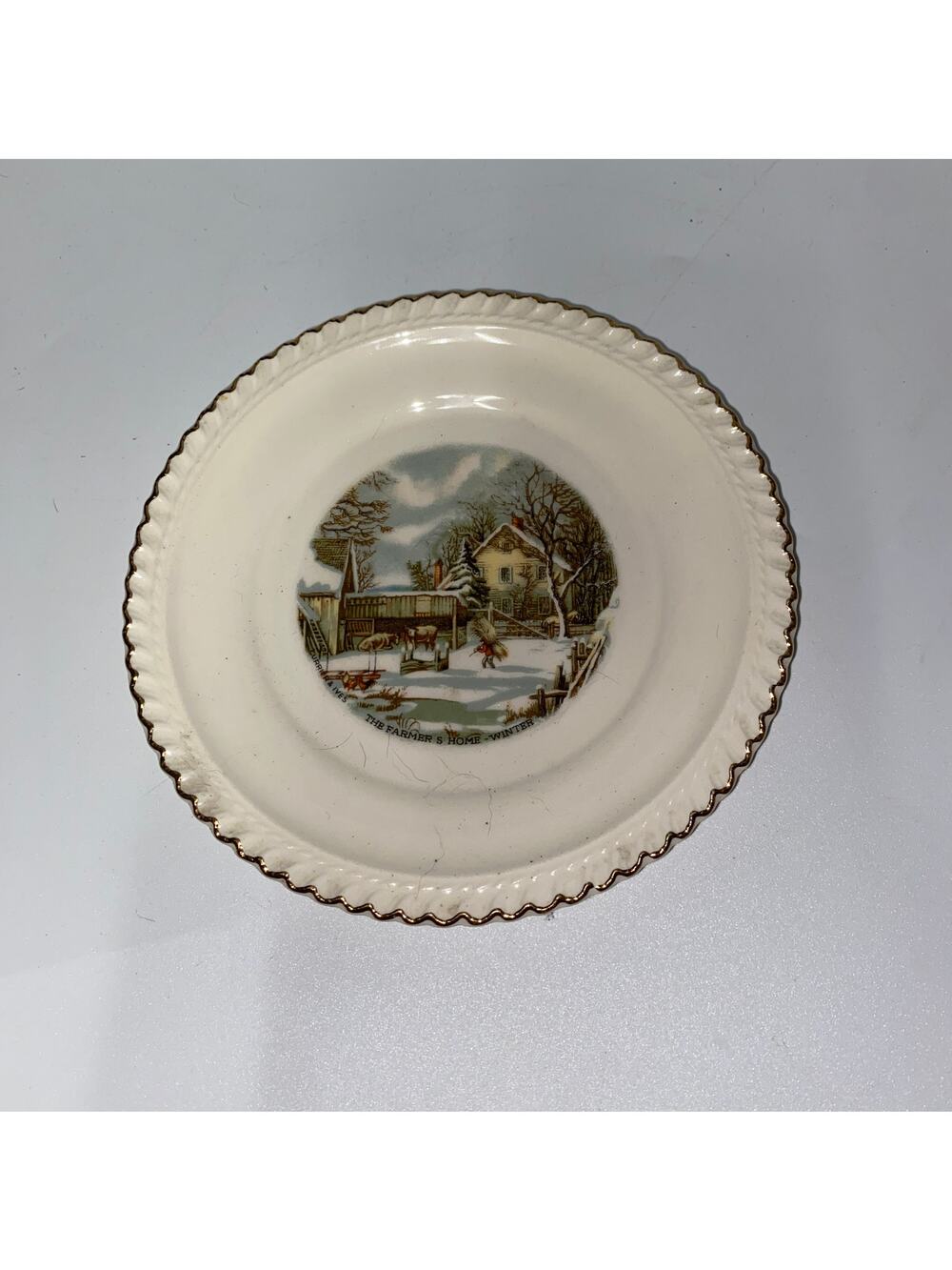 Harkerware The Farmer's Home Winter Plate Gold Trimmed 6"